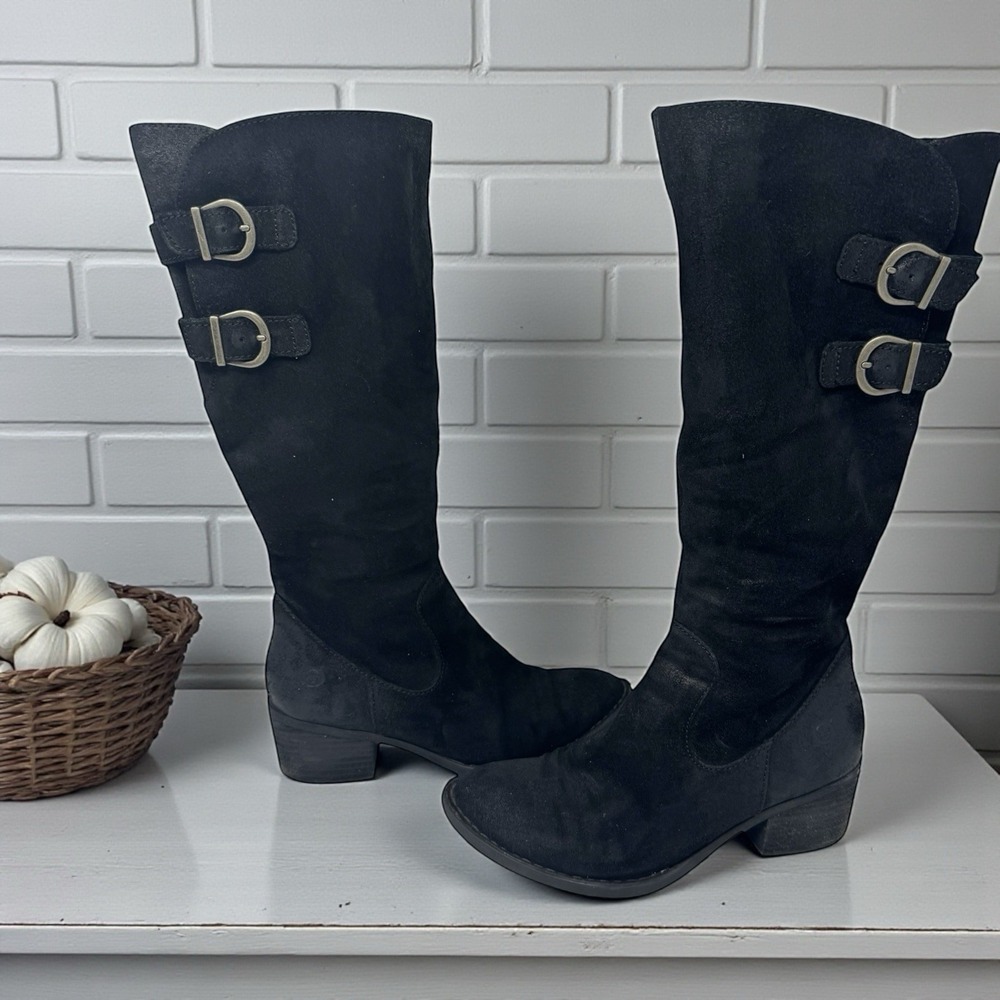 Born 🖤Bley Black Suede Boots Y2K Grunge Cybercore Moto Knee-High Block‎ Heel 6